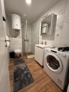 y baño blanco con lavadora. en Apartman Vuk, en Vrnjačka Banja
