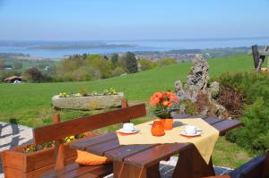 a picnic table with flowers on top of a hill at Hotel Seiserhof & Seiseralm in Bernau am Chiemsee