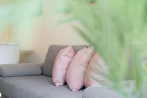 two pink pillows sitting on a gray couch at Lange Wiese 16b in Dahme