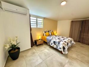 a bedroom with a bed and a window at Cocon du Souffleur in Port-Louis