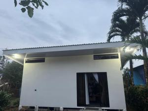 a small white house with a palm tree at Villa Tucán Fortuna in Fortuna