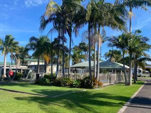 a golf course with palm trees in front of a building at Sussex Palms Holiday Park in Sussex inlet
