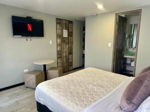 a bedroom with a bed and a tv on the wall at Hotel Agora Boutique in Bogotá