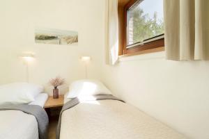 two beds in a room with a window at Zwergi in Grömnitzerhagen
