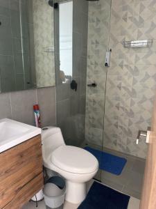 a bathroom with a toilet and a sink and a shower at Espectacular Apartamento en Santa Marta in Playa Bello Horizonte