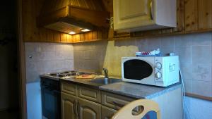 a kitchen with a sink and a microwave on the counter at Ferienwohnung Anna in Greiz +19 photos