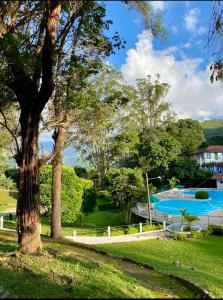 a view of a yard with a swimming pool at Locação temporada na Serra in Petrópolis