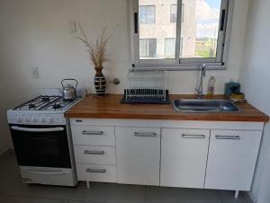 a kitchen with a stove and a sink at Posada Camet in Camet Norte