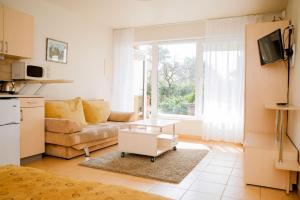- un salon avec un canapé et une table dans l'établissement Apartamentai Naglis, à Palanga