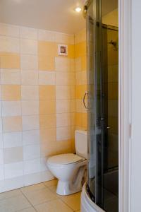 La salle de bains est pourvue d'une douche et de toilettes. dans l'établissement Apartamentai Naglis, à Palanga