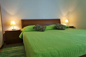 sypialnia z zielonym łóżkiem z 2 poduszkami w obiekcie Apartments Harmonija w Baskiej Vodzie