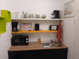 a kitchen with a sink and a microwave at Le Courteline in Castres