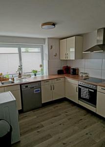 una cucina con lavello e fornello forno superiore di Schöne Ferienwohnung nähe Geiseltalsee a Bad Lauchstädt