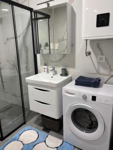 a bathroom with a washing machine and a sink at Apartman Agave in Trebinje +13 photos