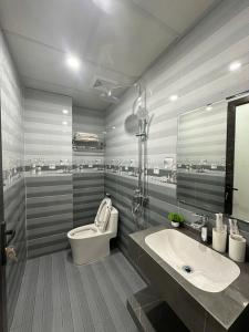 a bathroom with a toilet and a sink at New Sun Hotel in Dồng Văn