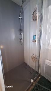 a shower with a glass door in a bathroom at Charmant mobil home camping Les Embruns in Lège-Cap-Ferret +18 photos