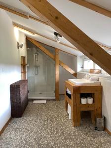 a bathroom with a shower and a sink at House on the Peninsula in Przerwanki