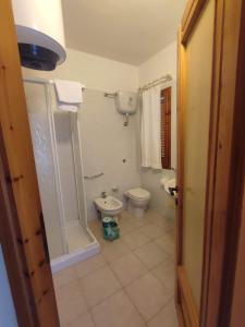 a bathroom with a toilet and a shower at Bilocale Residence Capo D'Orso, Palau in Palau