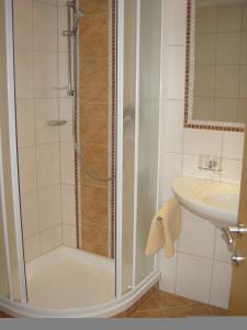 a bathroom with a shower and a sink at Apart Schultes in Pettneu am Arlberg