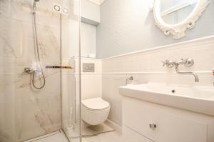 a bathroom with a shower and a toilet and a sink at Willa Koron a Mielno in Mielno