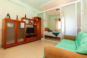 een woonkamer met een bank en een televisie bij Silence Ground-floor and Pool in Lagos