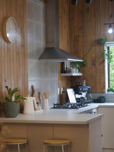 a kitchen with a counter with a stove top oven at Willow & Waves- Huge outdoor space & Full kitchen in Hector +3 photos
