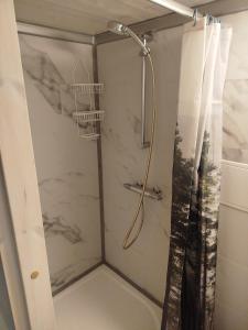 a bathroom with a shower with a shower curtain at Reinholdi metsamaja in Jabara