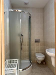 a bathroom with a shower and a toilet and a sink at Pokoje gościnne Becia in Łeba +56 photos