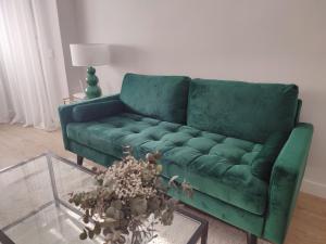 a green couch in a living room with a glass table at Rusiñol in Consuegra +1 photo