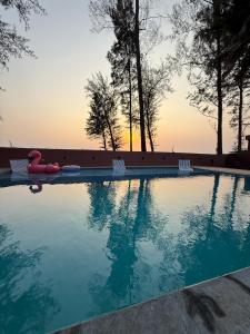 a swimming pool with two chairs and a red float at Sea Breeze, Guhagar in Guhagar