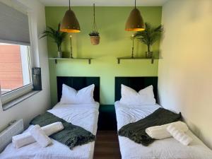 two beds in a room with green walls at FamilienNest XXL - direkt am See in Lychen