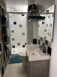 a bathroom with a sink and a toilet and a shower at Au Cœur de Charroux in Charroux +32 photos
