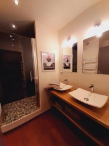 un bagno con due lavandini e una doccia di Appartement grand confort au cœur de Millau a Millau