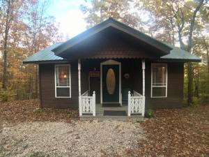 a small house with a green door in the woods at Ozark Spring Cabin Rock Bluff 03 King Bed Spa Tub in Eureka Springs +22 photos