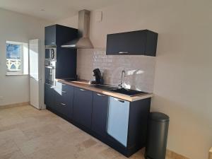 a kitchen with blue cabinets and a sink at Chez Bigoude maison 4 voyageurs in Chaumont