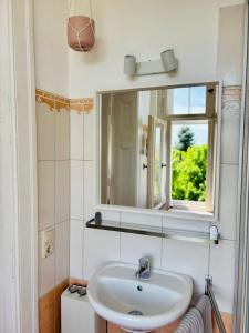 a bathroom with a sink and a mirror at Bauernhofvilla nur für Frauen Woman only in Niemegk