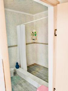 a bathroom with a shower with a white curtain at Гостевой Дом АЛТЫН ЕМЕЛЬ in Kalīnīno +10 photos