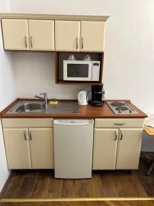 a small kitchen with a sink and a microwave at Velez Ház in Budapest