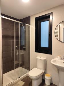 a bathroom with a toilet and a shower and a sink at Apartamento a 400m de la playa en Ares, garaje incluído in Ares