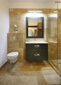 a bathroom with a toilet and a sink and a mirror at Blue Bike Studio in Mamaia