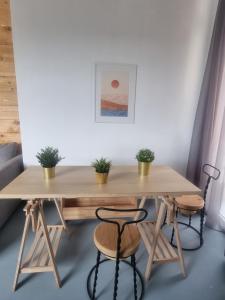 a table and two chairs with potted plants on it at athens parthenon view in Athens +8 photos