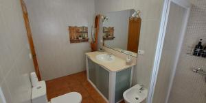a bathroom with a sink and a mirror and a toilet at Cortijo Blanco in Albondón +37 photos