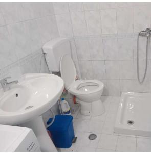 a white bathroom with a toilet and a sink at Everest in Golem