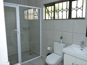 a bathroom with a shower and a toilet and a sink at 5@Partridge Guesthouse in Newcastle