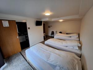 a room with three beds and a door with a television at The Old Post Office Guesthouse in Grundarfjordur