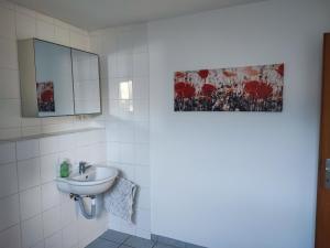 a bathroom with a sink and a mirror at Le jardin d'Horace o Im Garten von Horaz in Volgelsheim +24 photos