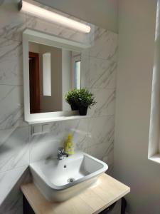 a bathroom with a white sink and a mirror at Apartament Centrum Kłodzko - Stara i Piękna Kamienica - ulica Okrzei, Spokój, Parking, 25m2 in Kłodzko