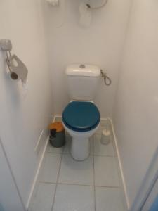 bagno con servizi igienici e sedile blu di Arcachonaise à 50 m de la plage, Arcachon Centre ad Arcachon Altre 16 foto