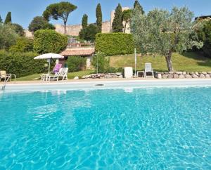 a large blue swimming pool in front of a house at Appartamento Dante in Moniga