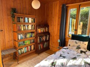 a bedroom with a bed and a book shelf with books at Chalet Chocolat in Chesières